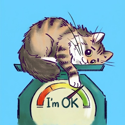 Ozzy resting on a scale with its dial reading I’m OK